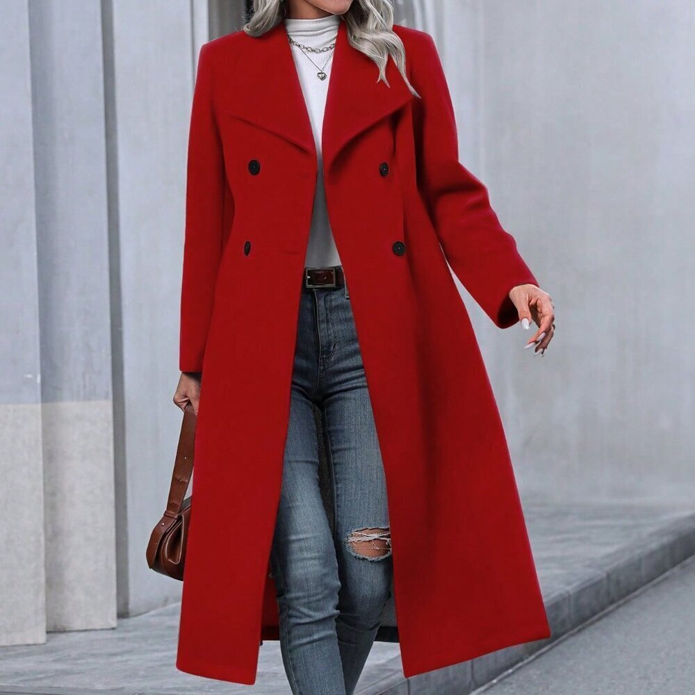 Red Casual Women's Woolen Coat With Button Fastening - Picture 5 of 6
